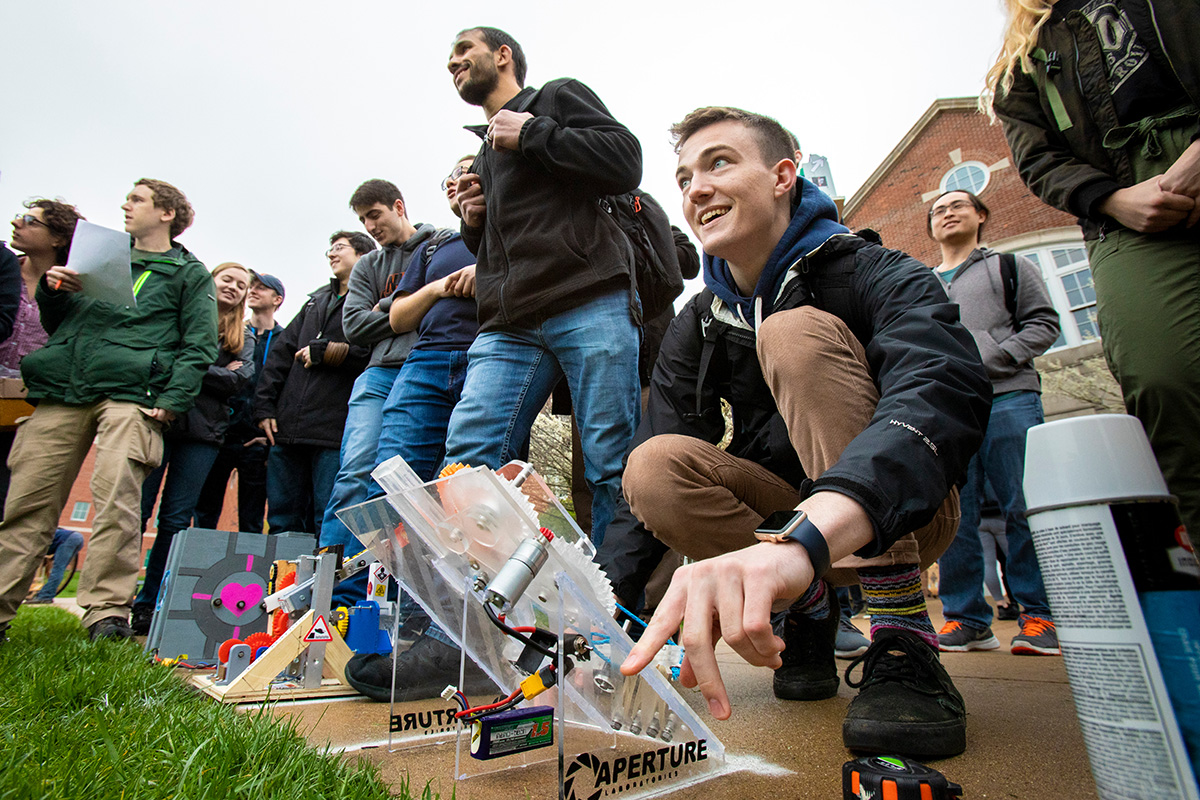 Engineering students test their inventions on the Bardeen Quad